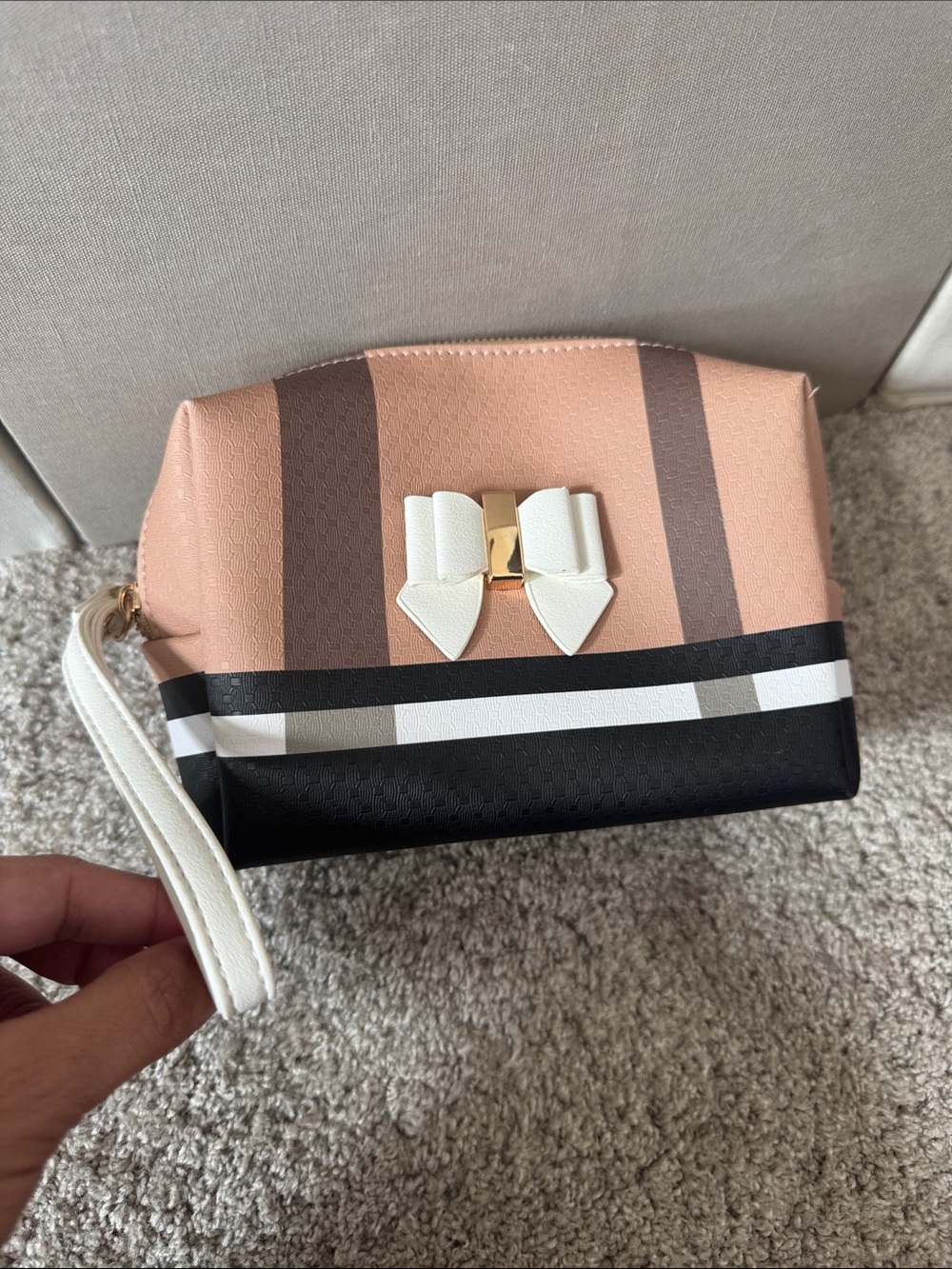 Peach & Black Striped Cosmetic Wristlet with White Bow